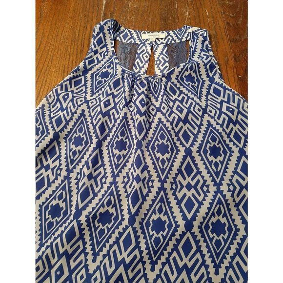 Small Umgee USA Blue White Sleeveless Open Lace Back Lined Mini Dress Sundress - Picture 2 of 4